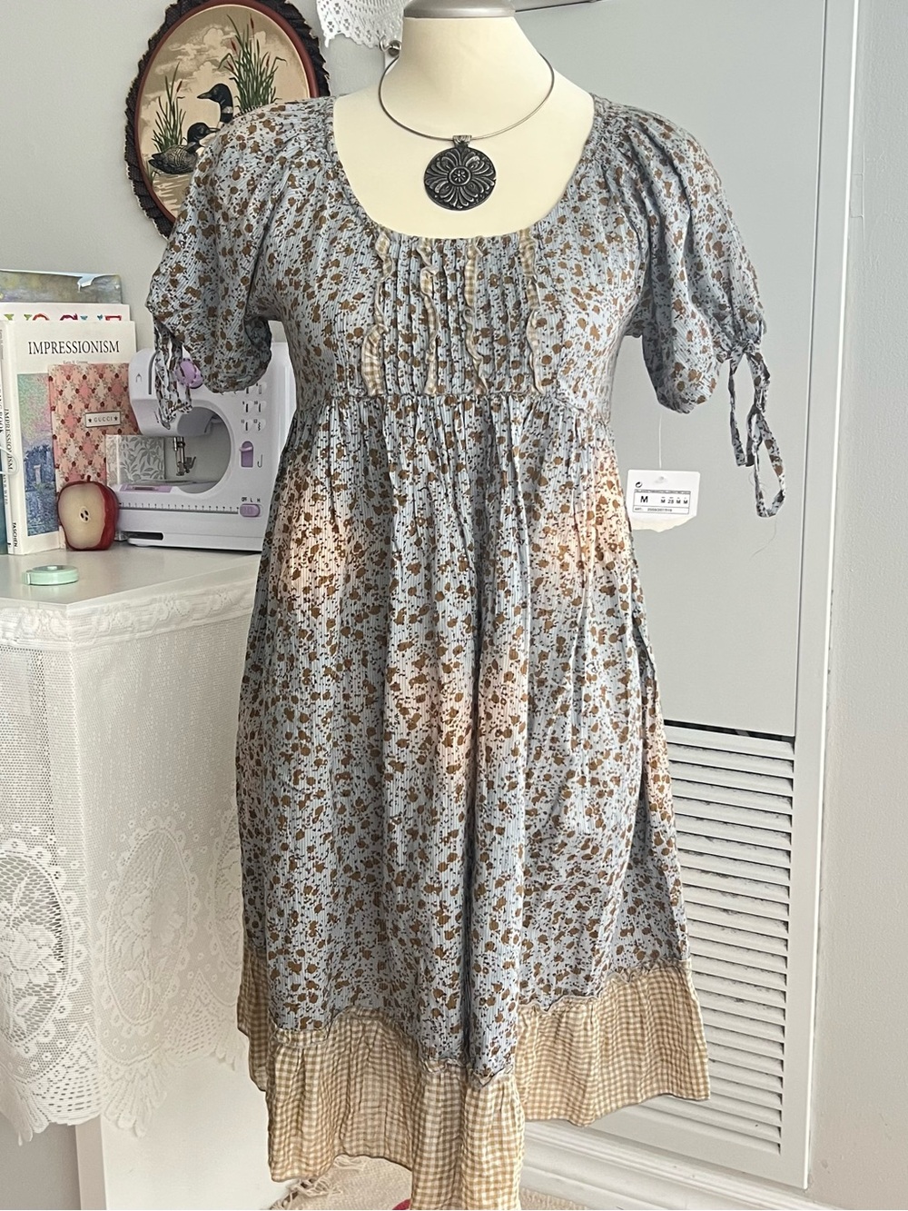 Cottagecore Blue floral dress with brown accents and gingham hem